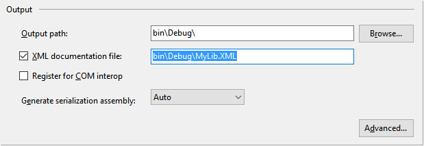 Visual Studio project settings for enabling XML documentation file generation
